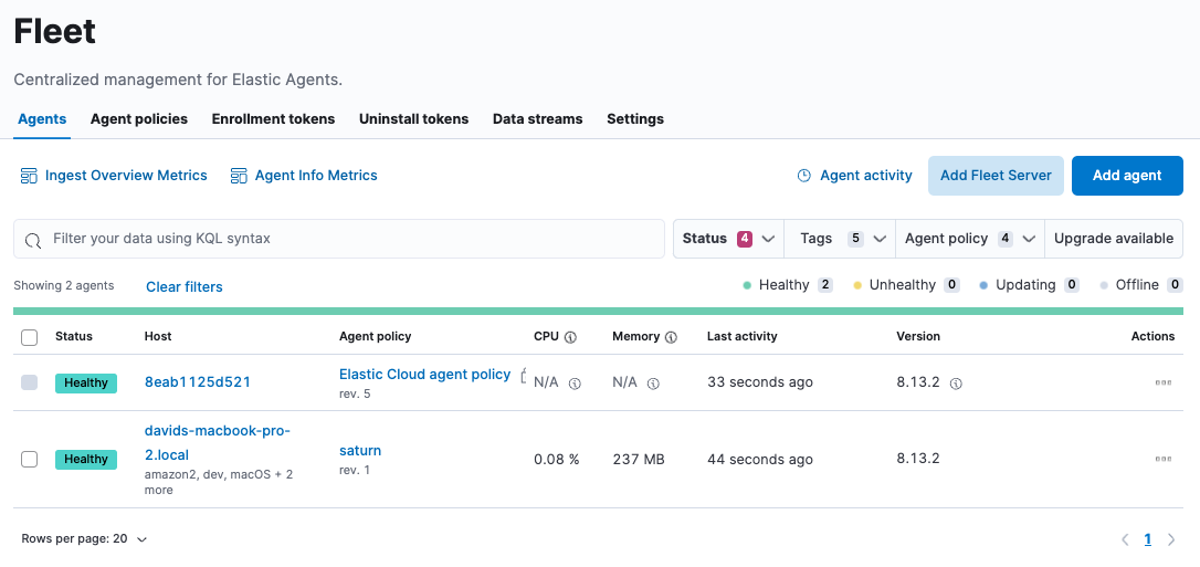 Interface Elastic Fleet Management pour OpenTelemetry