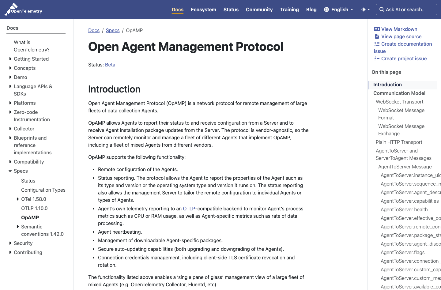 Documentation officielle OpenTelemetry sur OpAMP
